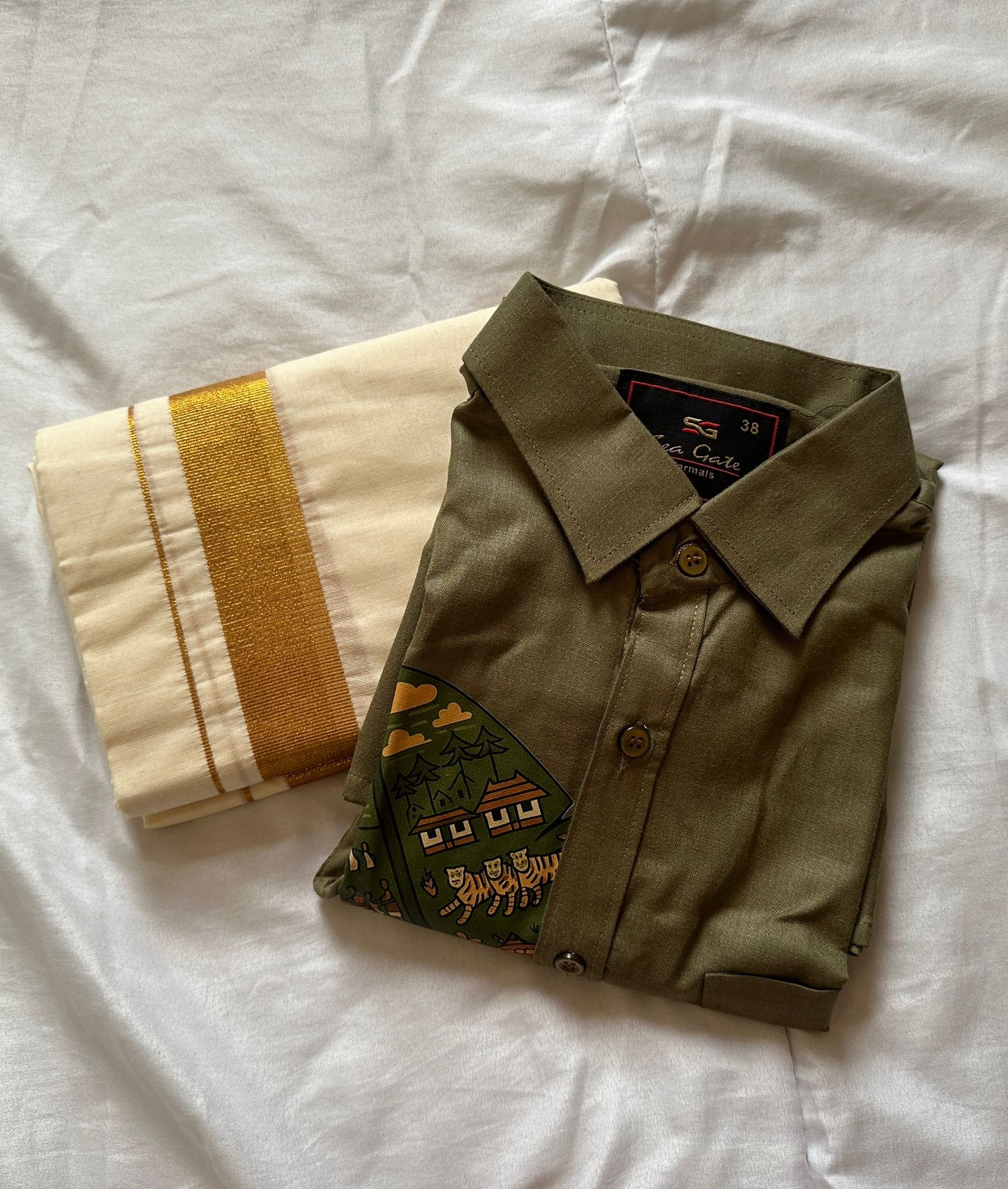 Men’s Olive Shirt & Kasavu Mundu set(Onam Limited Edition)